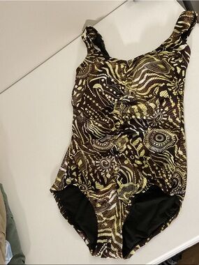 Island Pearls Brown & Cream Abstract Patterned One-Piece Swimsuit, Tummy Control